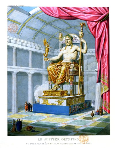 Statue of Olympian Zeus on his throne inside his temple at Olympus, 1814 by French School