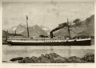 Steamer The Queen, in the Harbor of Sitka (Alaska, USA). Engraving by Bocher, in 1890, in 