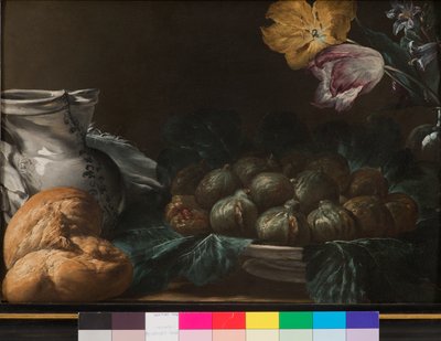 Still Life with Plate of Figs, Jug, Flowers and Bread by French School
