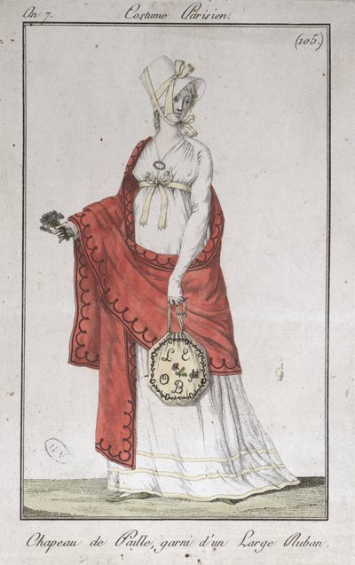 Straw hat with a ribbon, fashion plate from Costumes Parisiens by French School