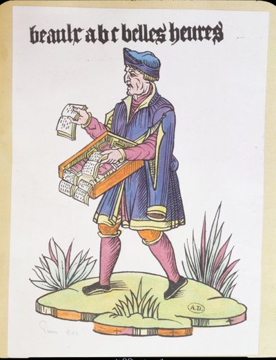 Street hawker selling alphabet primers and books, from Cris de Paris, c.1515 by French School