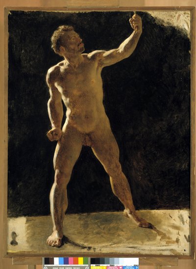 Study of a Naked Man Raising His Fist by French School