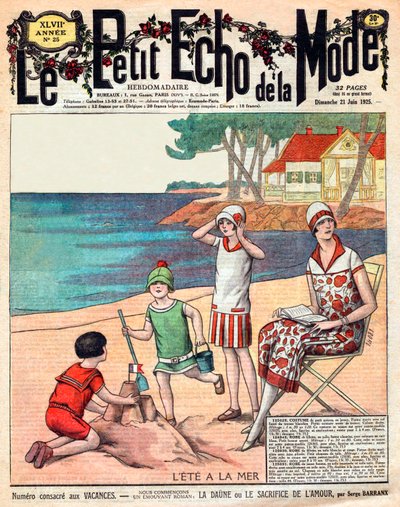 Summer at the sea, woman with her three children at the beach by French School