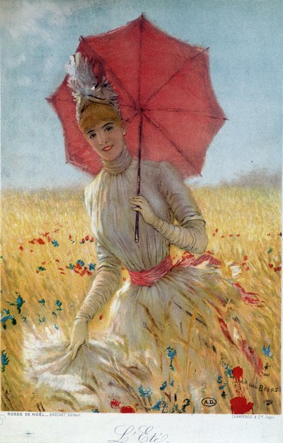 Summer: young woman with an umbrella in a wheat field - drawing, late 19th century by French School