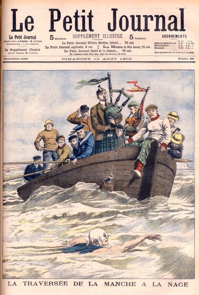 Swimming the English Channel. Englishman Jabez Wolffe making the first of his 22 unsuccessful attempts to swim across the Channel. Illustration for Le Petit Journal by French School