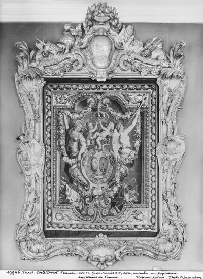 Tapestry of the coat of arms of the French Royal Family with a Louis XIV frame by French School