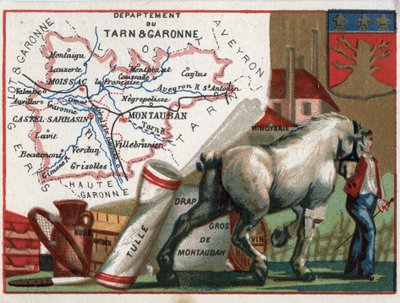 Tarn et Garonne, Midi-Pyrenees, France. Local speciality: oil, starch, tulle, wholesale Montauban sheet, wine and flour mill. Series on the French Departments. Chromolithography around 1890 by French School