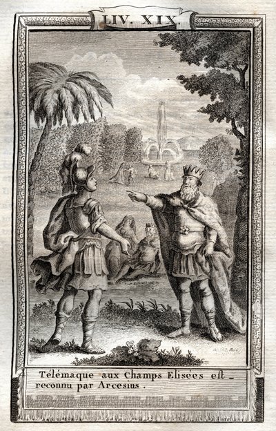 Telemaque being in the Champs Elisees is recognized by Arcesius - engraving of 1798 after Monnet in 