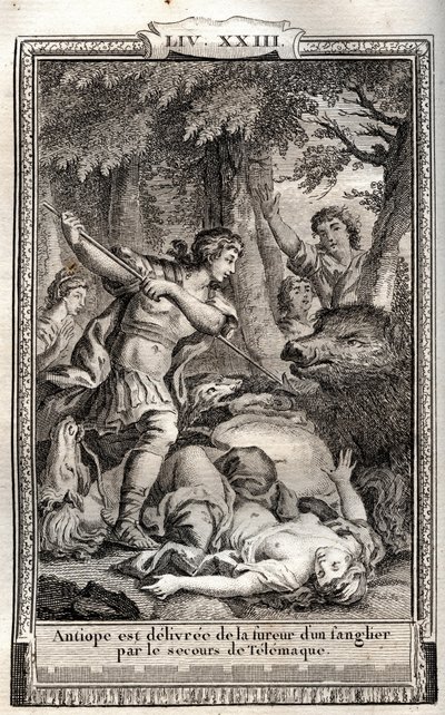 Telemachus rescues Antiope from a wild boar - engraving of 1798 in 