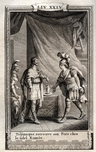 Telemachus finds Ulysses - engraving from 1798 by Monnet in 
