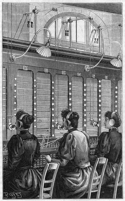Telephone office of rue Gutenberg in Paris in 1895. Multiple table section of 240 subscribers served by 3 telephonists. by French School