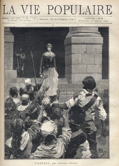 Terror during the French Revolution: a young woman descends the steps of a revolutionary court in front of an angry crowd threatening her. Illustration for 