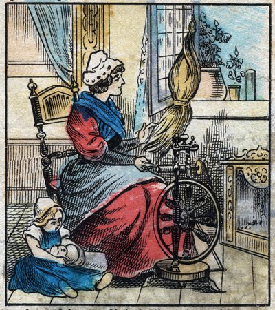 Textile, Linen. A Woman Uses a Mechanical Spinning Wheel to Spin Linen. Engraving. Epinal Imaging Late 19th Century by French School