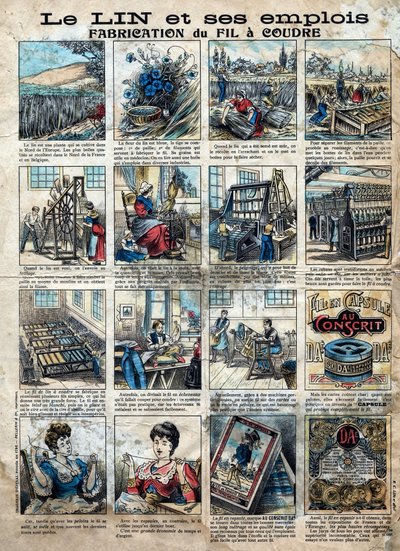 Textile, linen. The steps of sewing, manufacturing, use and marketing flax to make sewing thread. Engraving. Epinal imaging late 19th century. by French School