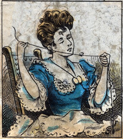 Textile, linen. Woman using a ball to use sewing threads by French School