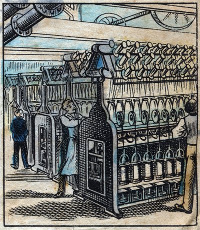 Textile, linen: the workshop. Transforming the ribbons into drills and then into threads using spinning metiers. Engraving. Epinal imaging late 19th century. by French School