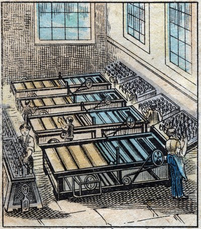 Textile, linen: workshop. Flax consists of several single yarns that are then dyed or bleached then ice and covered with beeswax to make it resistant and smooth. Engraving. Epinal imaging late 19th century. by French School