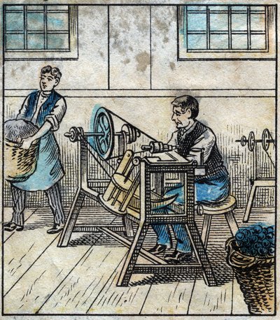 Textile, linen: workshop. The sewing thread is laid out on cards or rolls in a ball by French School