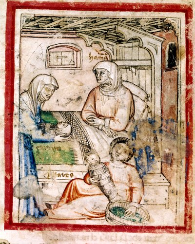 Thamar gives birth to twins, Perets and Zerah, sons of Judah, Miniature from codex 212 (or Padovano Codice or Bible of Padua) 1390-1400 by French School