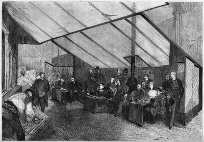 The 1872 Salon: a session of the jury of paintings. From right to left are Meissonnier, Ph. Rousseau, Breton, G. Boulanger, Robert Fleury, Fromentin, Jalabert, Mazerolles, Brion, Bonnat, Baudry, Dubuffe, Delauney, Cabat. Engraving in 