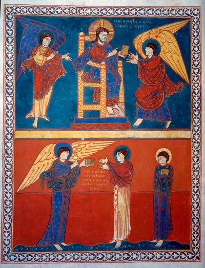 The Angel received the book of the Lord and handed it to Saint John Miniature from the commentaries of “The Revelation according to Saint John” written in 775 by the monk Beatus of Liebana by French School