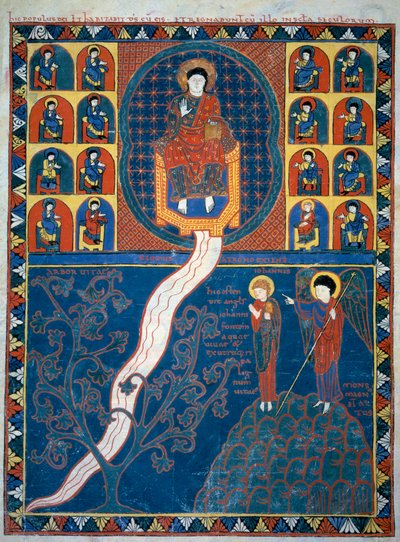 The Angel shows Saint John the river of life that starts from the throne of God and the Miniature tree of life taken from the commentaries of The Revelation according to Saint John written in 775 by the monk Beatus of Liebana by French School