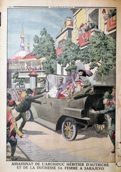 The Assassination of Archduke Franz Ferdinand of Austria and his wife, Duchess Sophia, by Gavrilo Princip in Sarajevo, 28th June 1914, from Le Petit Journal by French School