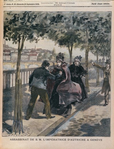 The Assassination of Elizabeth Empress of Austria in Geneva, front cover of LAnnee Illustree, 25th September 1898 by French School