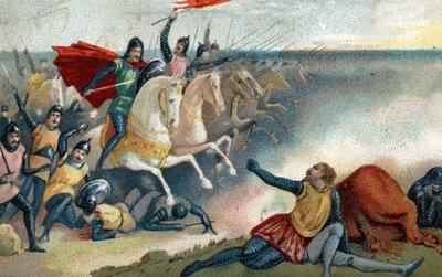 The Battle of Hastings on 14/10/1066 between the Saxons of Harold II and the Norman Army (William I the Conqueror). Chromolithography of the late 19th century by French School