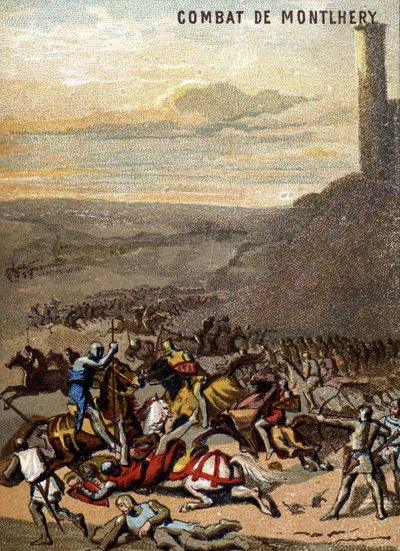 The Battle of Montlhery (1227): The kingdoms and the feodalite - Blanche de Castille, regente of his son Louis IX matte the revolt of the great feudal. Chromolithography of the Series Patriotic Education through Image by French School