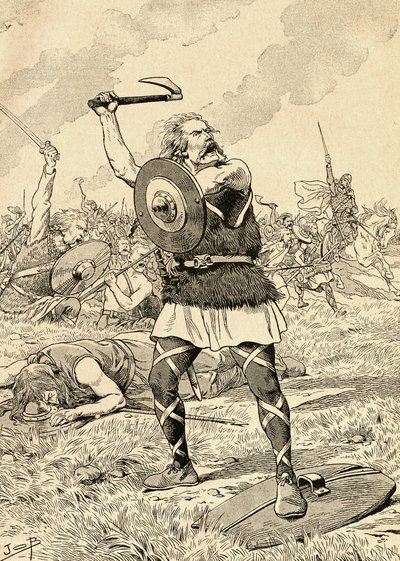 The Battle of Tolbiac in 496 fought between the Franks and the Alemanni. From Agenda Buvard du Bon Marche published 1917 by French School