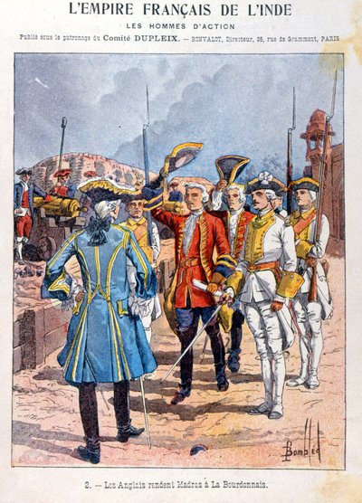 The British surrender Madras to the French commander Mahe de la Bourdonnais, 21st September 1746, cover of school exercise book, c.1900 by French School