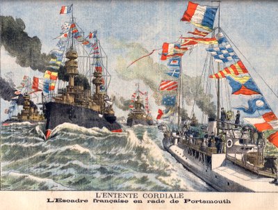 The Cordial Entente. English naval squadron in Portsmouth Harbour. Illustration for Le Petit Journal by French School