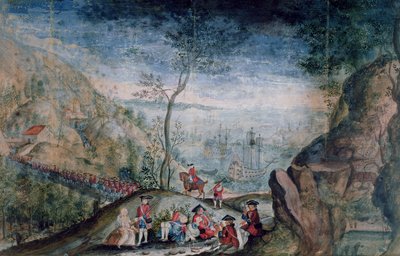 The Disembarkation of 50 soldiers from the Karrer Swiss regiment at Louisbourg on the Island of Cap-Breton by French School