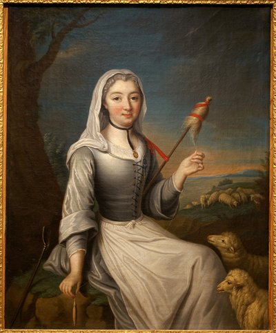 The Duchess of Villars (?) in a bergere holding a cattail by French School