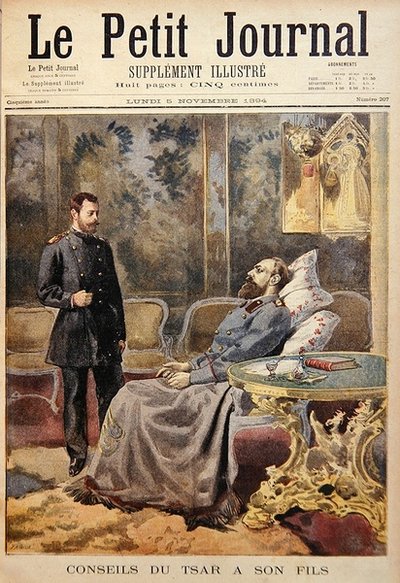 The Dying Tsar Alexander III gives advice to his son the Tsarevich Nicholas by French School