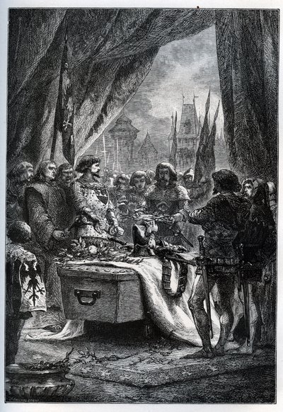 The English governor of Chateauneuf de Randon (Chateauneuf-de-Randon, Auvergne) surrendered and came to lay the keys to the square on the coffin of Bertrand du Guesclin (1320-1380), on 13 July 1380 in front of whom the city was besieging by French School