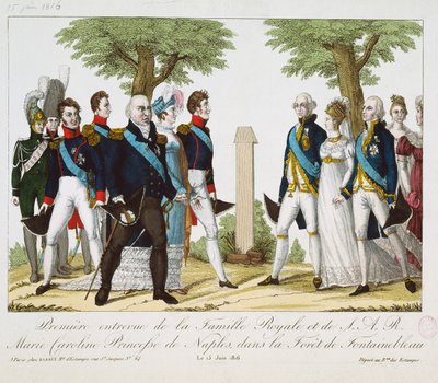 The First Meeting between Louis XVIII and Marie-Caroline-Ferdinande of Bourbon, at the Croix de St. Herem in the Forest of Fontainebleau, 15th June 1816 by French School