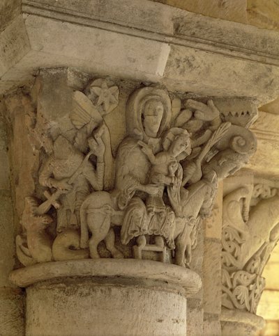 The Flight into Egypt, column capital relief from the church of the Benedictine abbey by French School