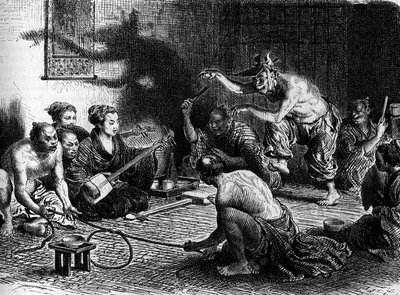 The Fox Games in Japan. Engraving in 