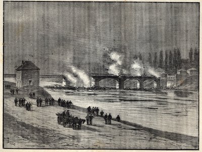 The Franco-Prussian War - The defense of Paris - burning the Bridge of Asnieres - Fire of the bridge of Asnieres during the siege (defense) of Paris - Engraving in Les combatants de 1870-71 by commander Leonce Rousset (1850-1938) by French School