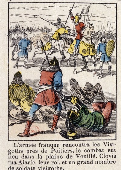The French army met the Visigoths near Poitiers, the fight took place in the plain of Vouille. Clovis killed Alaric, their king, and a large number of Visigoth soldiers, in 507 by French School