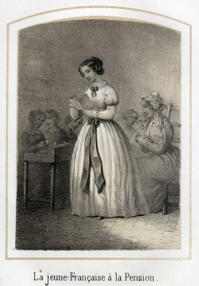 The French girl reads to her classmates. Anonymous engraving of the 19th century by French School
