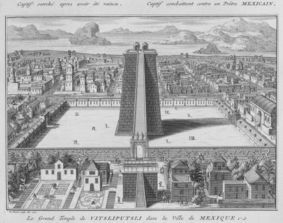 The Great Temple of Vitsliputsli in Mexico City, illustration from Religious Ceremonies and Customs, 1722 by French School