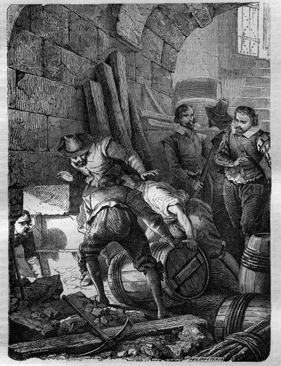 The Gunpowder Plot: Conspiracy of Catholics formed to assassinate King James I, his family and part of the aristocracy by detonating the Palace of Westminster (London) at the opening ceremony of Parliament on 5 November 1605. Engraving in 