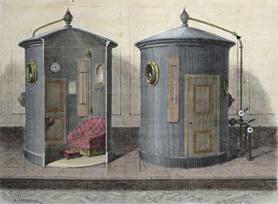 The Hyperbaric chamber by Paul Bert (1833-1887) physiologist and French politician. Engraving from 1855 by French School
