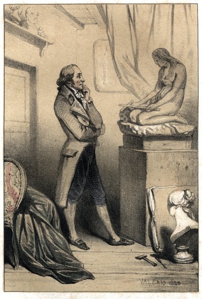 The Italian Sculptor Antonio Canova before the culture of “Madeleine penitente”. Plate taken from “Scenes de la vie des hommes famous” engraving in two shades by Valerio. 1843 by French School