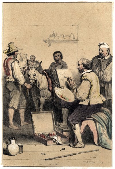 The Italian painter Antonio Allegri (known as Correggio or Le Correge 1489-1534), endorses, creates the sign of an inn, to pay for his meal. Plate taken from Scenes of the life of famous men, engraving in two colours by Valerio. 1843 by French School