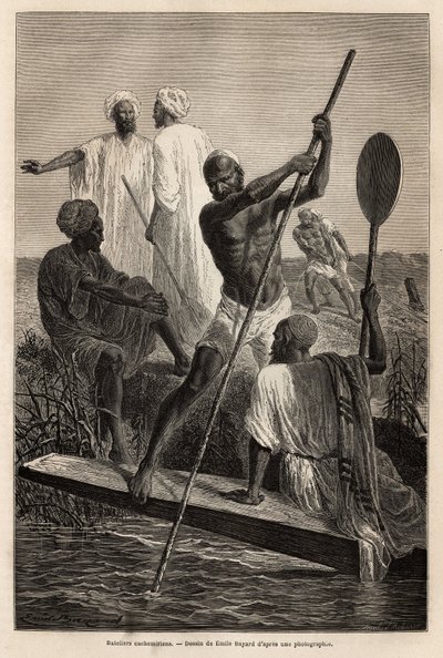 The Kashmirian boatmen, in the vicinity of Srinagar (Shrinagar), in full work by French School