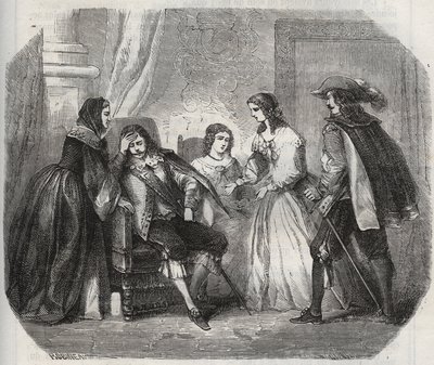 The King of France Louis XIII (1601-1643) is caught with migraine when he speaks to Queen Anne of Austria (1601-1666). Engraving from 1871 in 